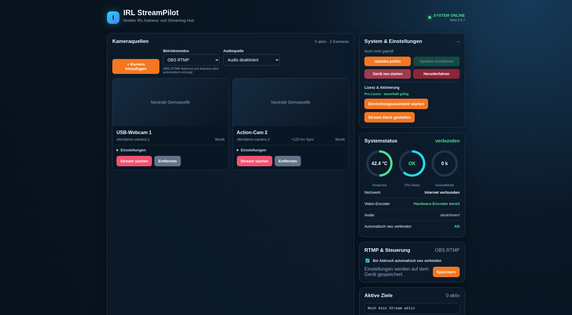 IRL StreamPilot Kameraübersicht mit Systemstatus